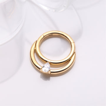 Detail View 1 of Implant Grade Titanium Golden Double Loop Teardrop Sparkle Clicker Hoop Ring-Clear Gem